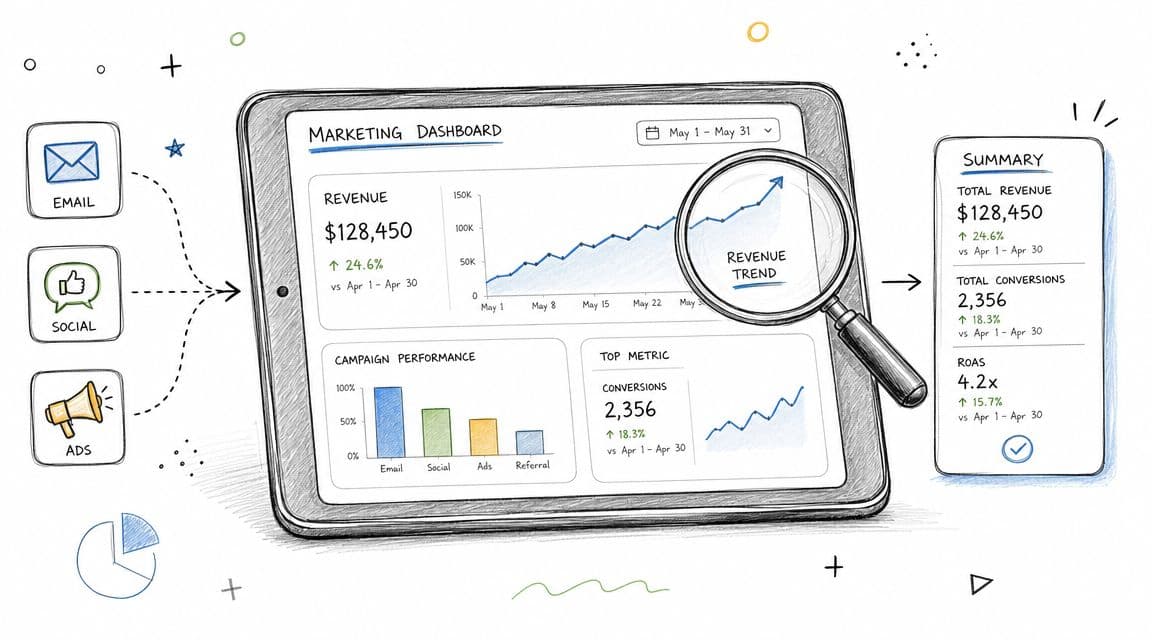 A sketched hand-drawn style tablet displaying a marketing dashboard with revenue charts and performance metrics.