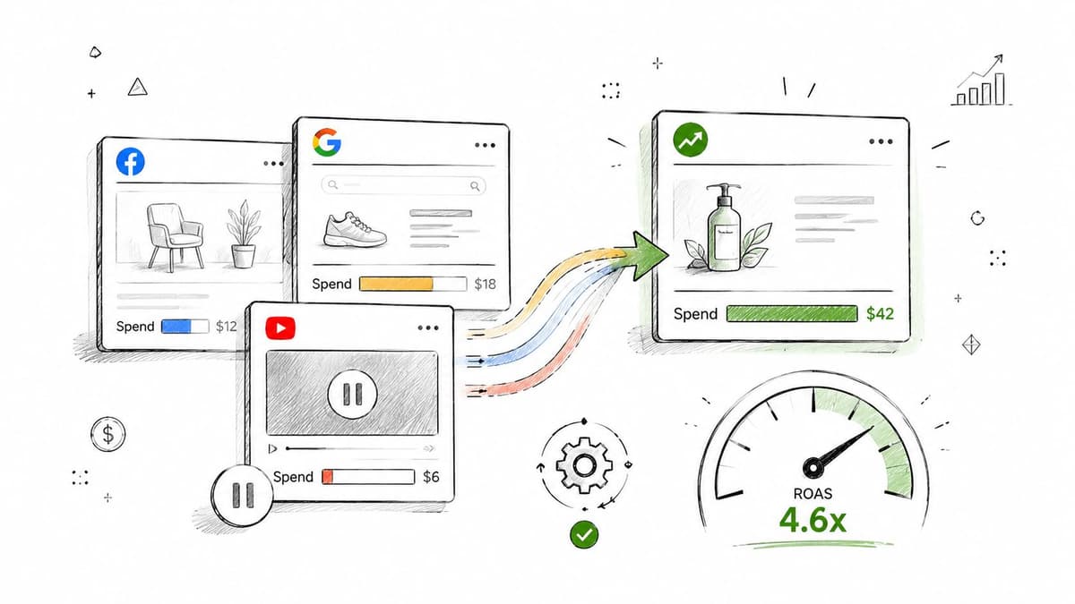 A diagram illustrating AI agents optimizing digital advertising spend across multiple platforms to achieve higher ROAS.